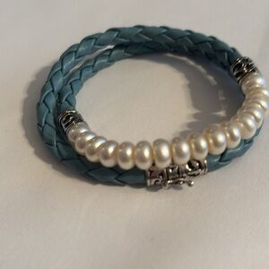 HONORA sterling silver blue leather Braided and Pearl Necklace bracelet
